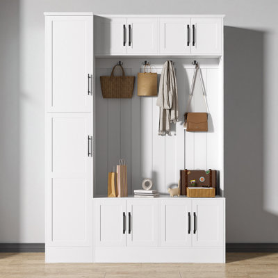 Tall Modern Hall Tree With Shoe Storage, 4-In-1 Entryway Bench, 6 Cabinets, 4 Coat Hooks, And Adjustable Shelf For Hallway And Living Room
