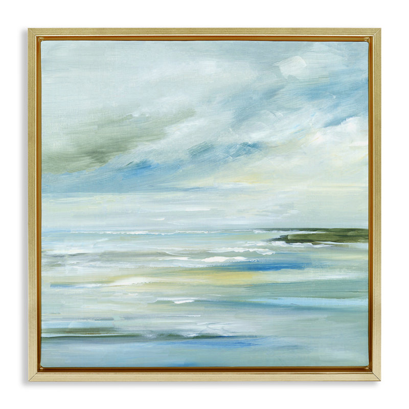 «Cloudy Blue Beach Impression» par Lera, Cadre flottant métallique doré, H 18 po x l 18 po