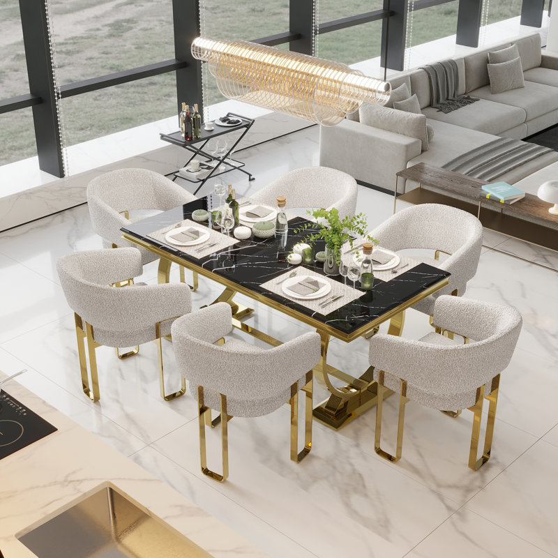 Ensemble de table de salle à manger 72 pouces avec chaises Boucle, 7, Noir, Beige / or