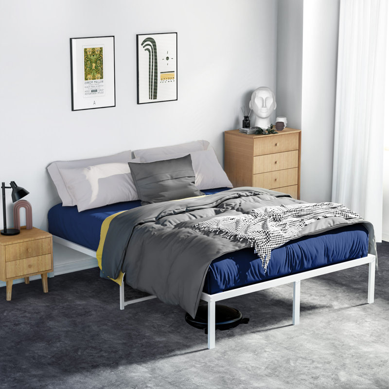 Scio 14'' High White Bed Frame Metal Bedframes with Protection Pads Noisy Free Anti Slip, Full / Double