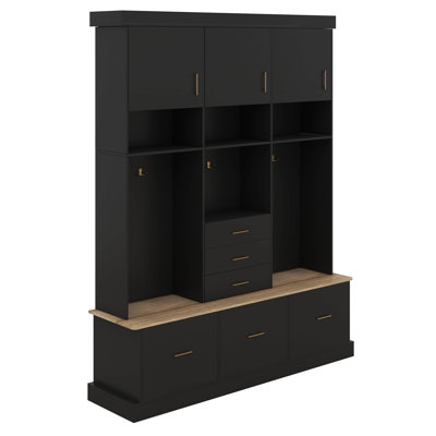 Hall Tree With Bench, 75" H Entryway Storage Organizer With Coat Hooks, 6 Drawers & 3 Cabinets And 3-Tier Top Storage, Mudroom Furniture