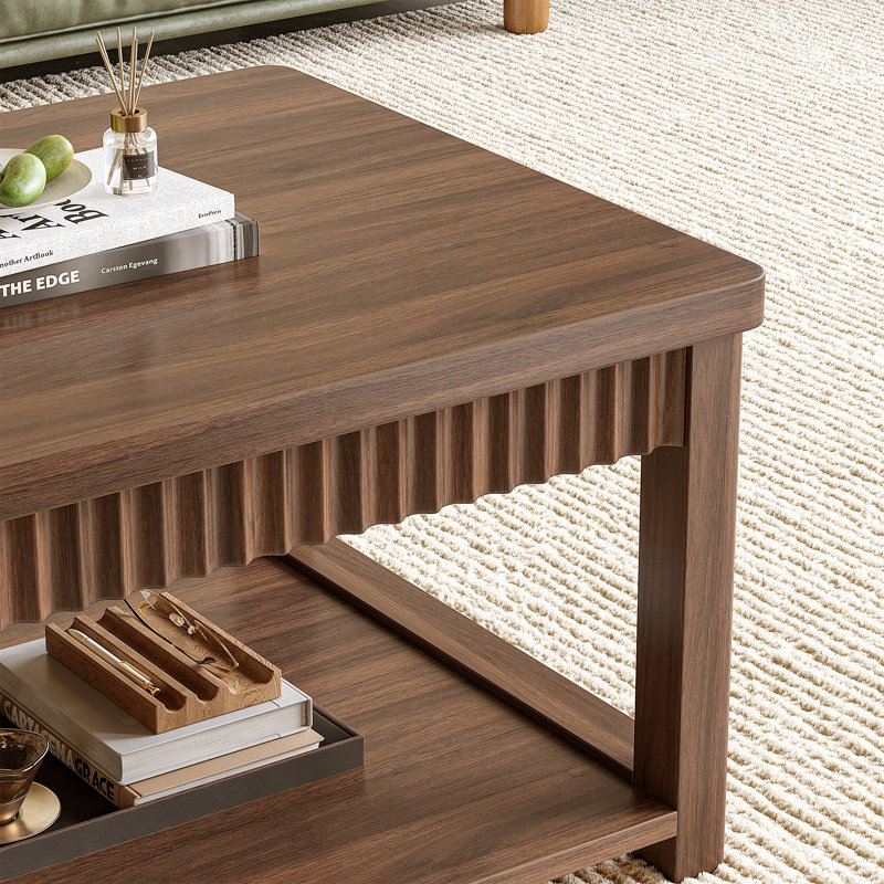 Table basse moderne à bord ondulé avec rangement à 2 niveaux, Marron foncé