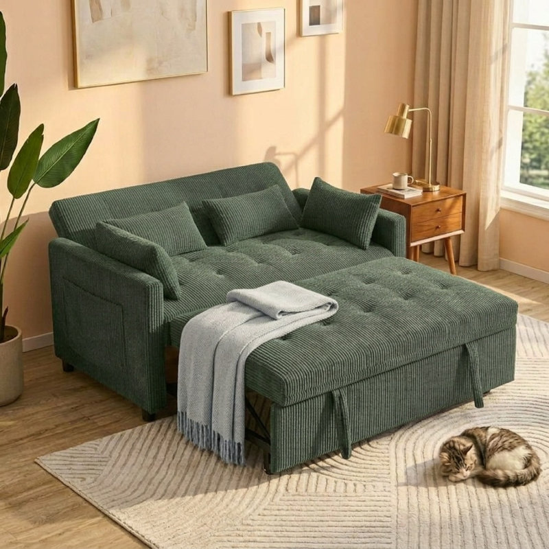 53" Sofa Bed, 3-in-1 Loveseat Sleeper Sofa with Pull Out Bed, Pockets and USB, Modern 2 Seater Convertible Small Couch for Living Room Bedroom Apartment,Corduroy Comfy Couches,Green