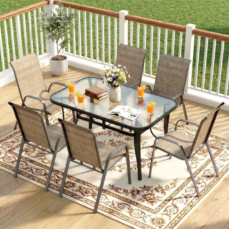 Patio Dining Set For 6, Outdoor Table And Chairs W/1.69?Umbrella Hole, All Weather Patio Furniture Set, 30"X 55" Table And Stackable PVC-coated polyester Chair, For Lawn, Deck (Umbrella Not Included)