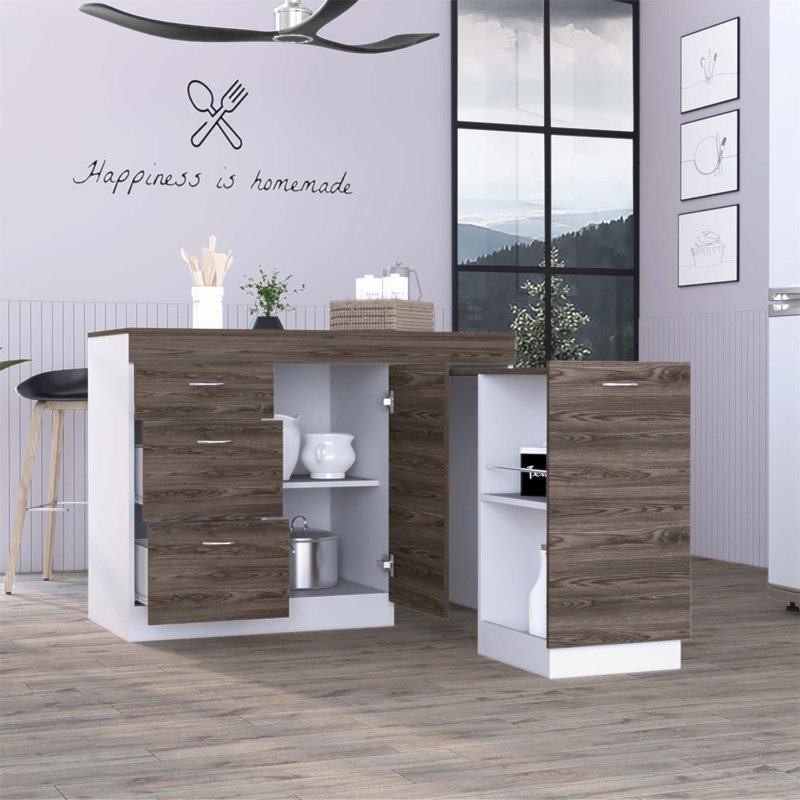 Îlot de cuisine en L à 3 tiroirs avec rangement Laurel, parfait pour les espaces de cuisine modernes et polyvalents.
