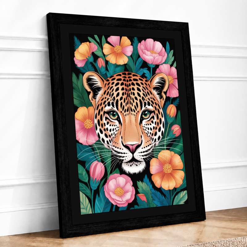 Leopard Among Blooms Boho 1 Piece Single Picture Frame Wall Art, A4 - 29.7 x 21.0 cm, Black