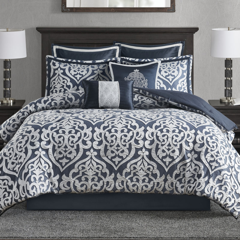 Odette Luxury 8 Piece Jacquard Comforter Set, King Comforter + 7 Additional Pieces, Navy/Silver