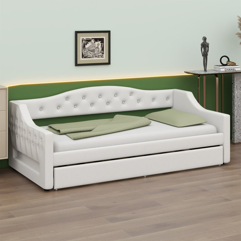 Upholstered Daybed With LED Belt And Trundle, Beige