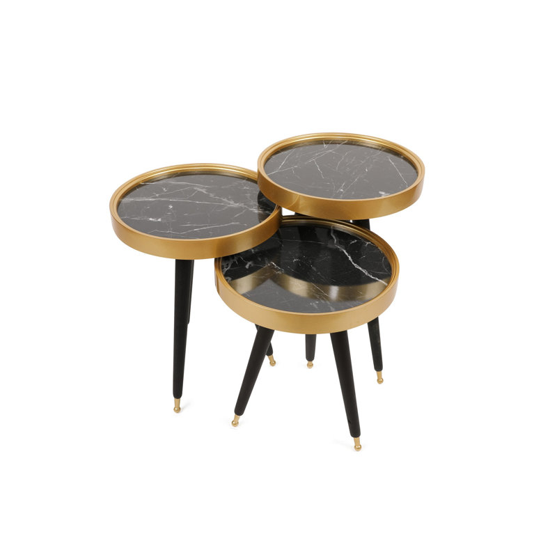Stylish Nesting Table Set (3 Pieces), Black & Gold, 15.4 x 18.5 x 15.4 in (Small), 15.4 x 20.7 x 15.4 in (Medium), 15.4 x 23.0 x 15.4 in (Large) | 100% Melamine Coated Particle Board | Modern Abstract Design, Perfect for Glam Home Décor