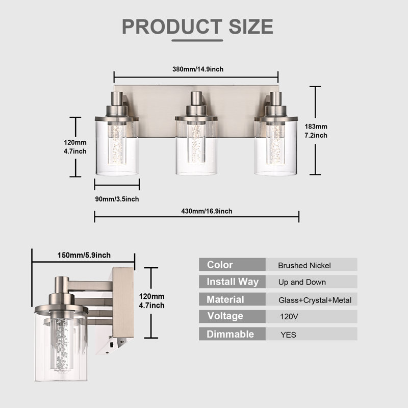 Vanity Light (3-Light), (3000K/3500K/4500K/5000K/6000K, Dimmable), Eye Protection LED Bathroom Light Fixture, Modern Wall Light Over Mirror With Clear Glass Shade