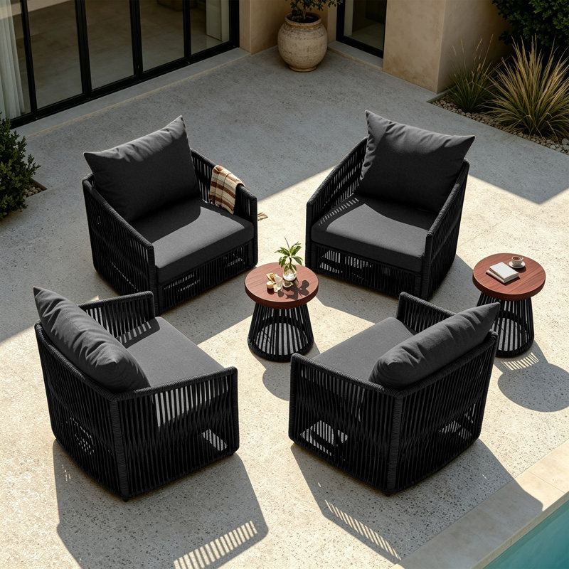 Ensemble de patio extérieur pivotant en corde pour quatre personnes avec coussins et deux tables d'appoint, Grey, Black