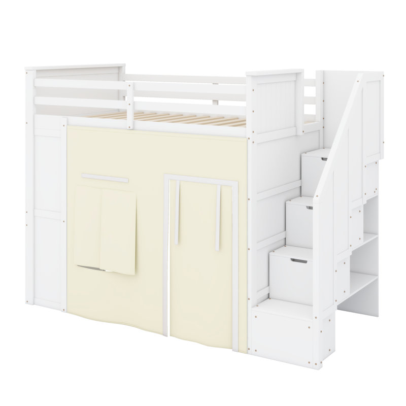 Loft Bed with Desk, Drawers, Storage Staircase, and Privacy Curtain