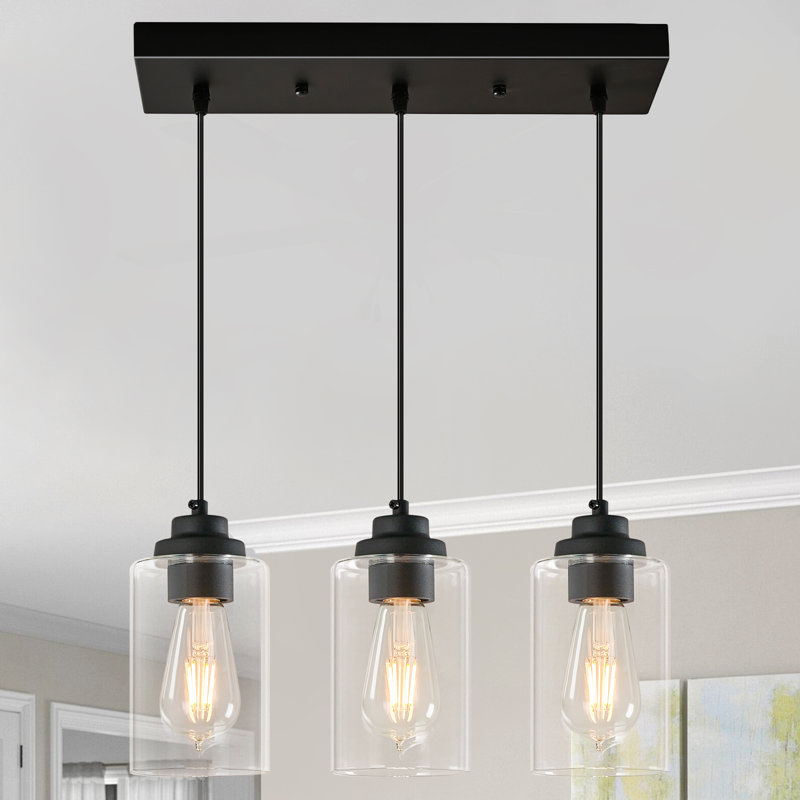 3-Light Industrial Kitchen Island Transparent Glass Pendant Light, Matte Black