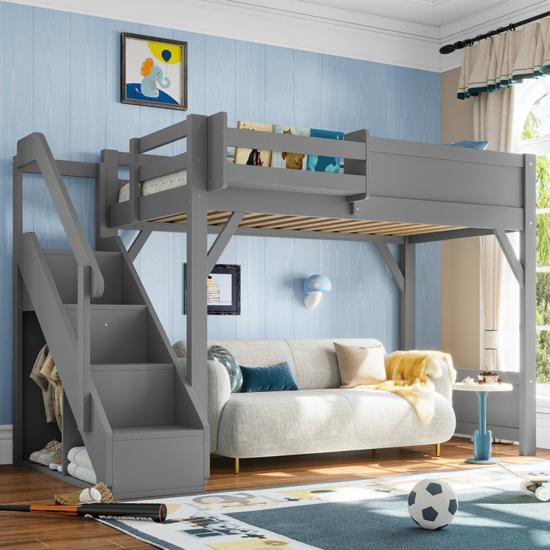 Lit mezzanine double avec garde-robe intégrée, rangement, bois massif, garde-corps, escalier sans sommier, gris, Gris, Double