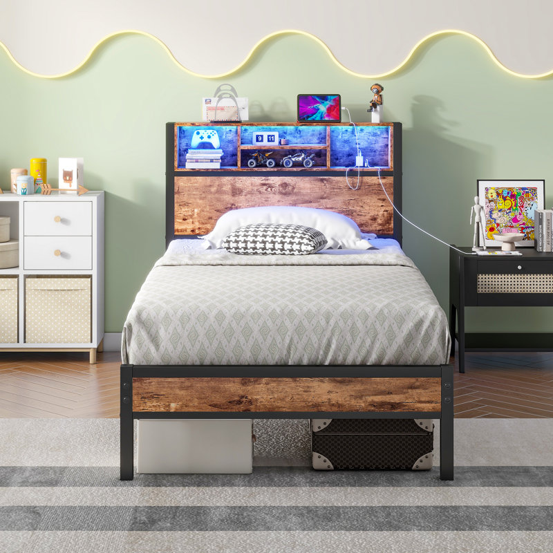 Twin Size Bed Frame With Storage Headboard, Metal Platform Bed With Charging Station, Bookcase Storage, Easy Assembly