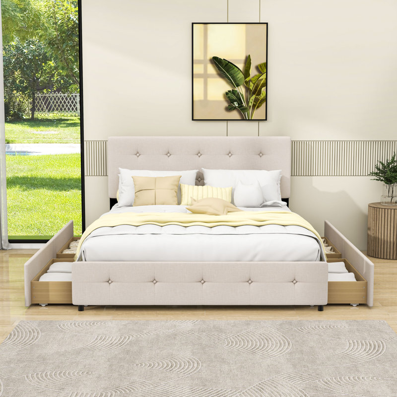 Queen Size Upholstered Platform Bed with Storage Drawers, Beige