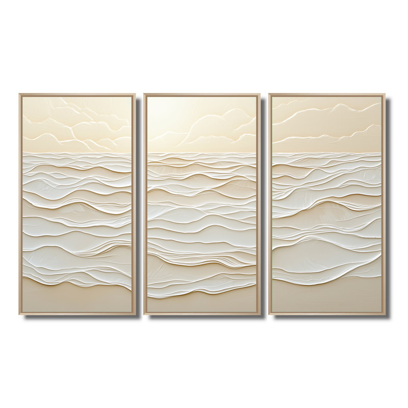Ensemble de salon Seaside Dawn I - art mural côtier, H 28 po x l 36 po, Reproduction avec cadre flottant, Naturel
