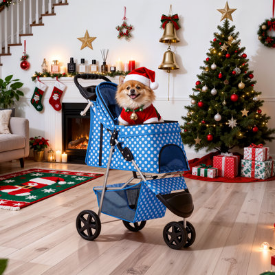 Foldable Pet Stroller, 3 Wheels Folding Carrier Jogger Stroller for Dogs Cats with Canopy and DIY Stickers
