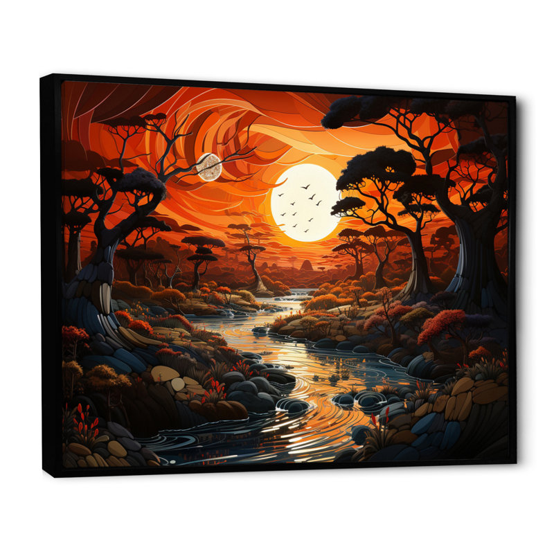 Riverforest Sunset, aura africaine sur toile, H 34 po x l 44 po, Cadre flottant noir