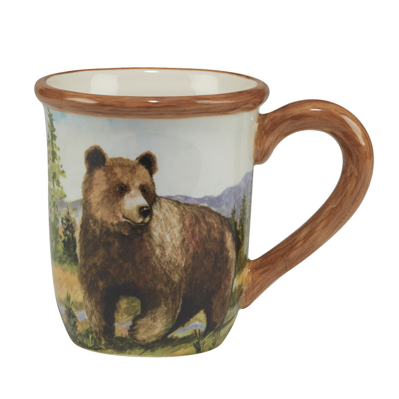 Rustic Wildlife Ceramic Mugs Set with Hand Painted Woodgrain Rims