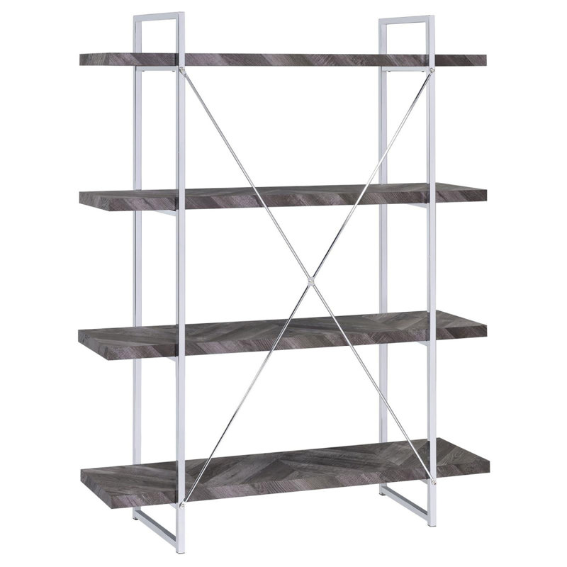 Bibliothèque élégante et fonctionnelle à chevrons avec de nombreuses tablettes pour la présentation et le rangement