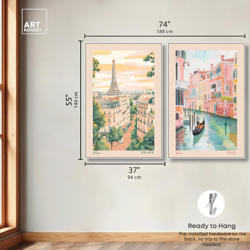 «Blush Parisian Glam Art», ensemble de 2 impressions sur toile par , 55" H x 37" W, Floater Framed Print without Mat, White