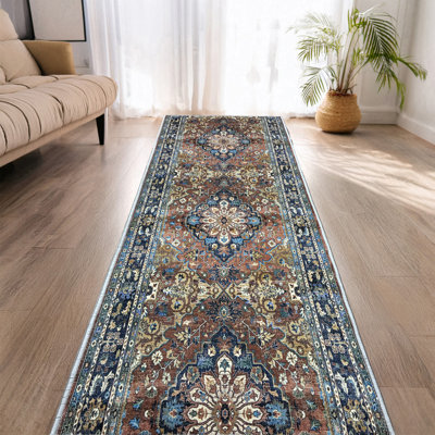 Custom Size Runner Rug Oriental Floral Medallion Machine Printed Design Low Profile Slip Resistant Runner Rugs by Feet