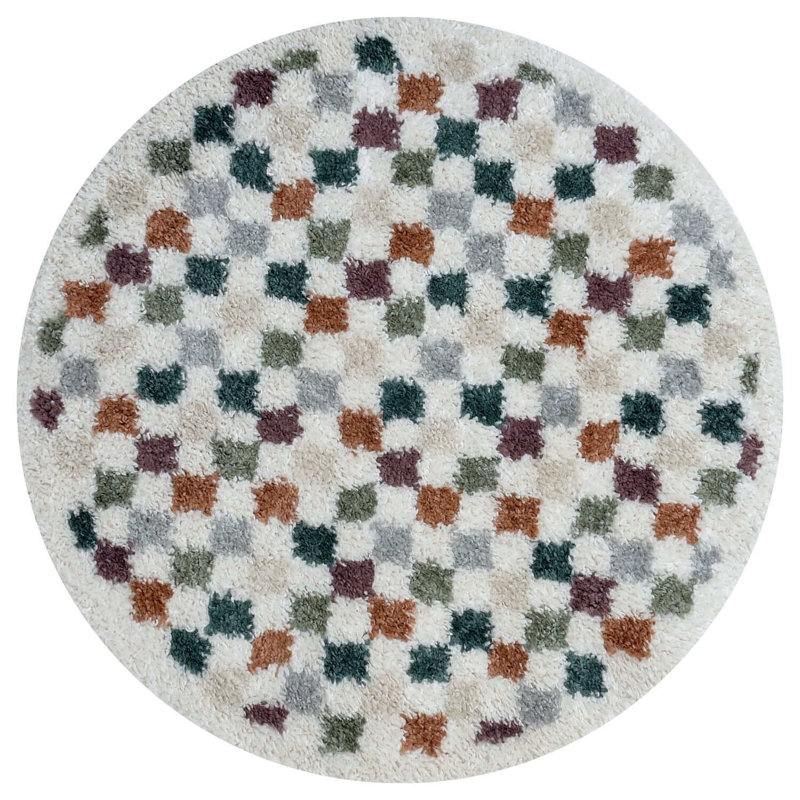 Moodi Modern Shaggy Area Rug Checkered Design, Round 120 cm, Multicolour 