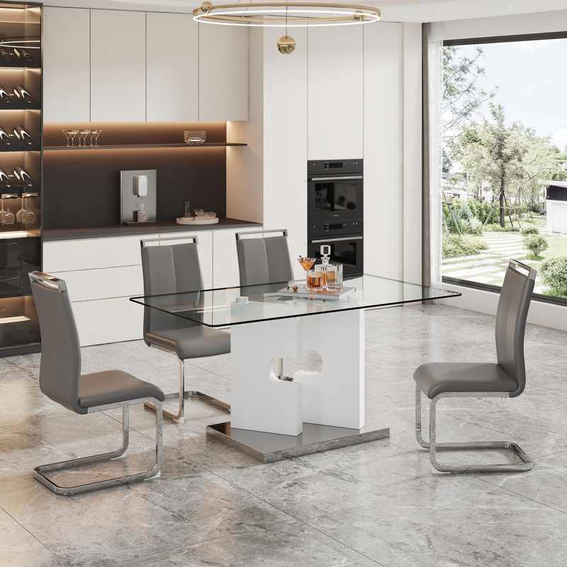 63"  Dining Table Set, Glass Dining Room Table Set With PU Leather Chairs, Grey, 5 Pieces: Table, 4 Chairs