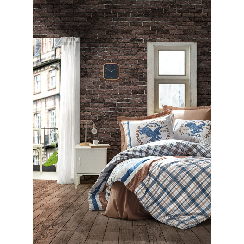 Ensemble de housse de couette 100% coton 4 pièces brun / bleu / blanc Stellert
