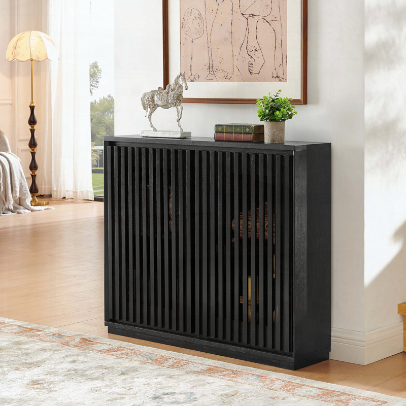 Mid Century Modern Fluted Hollowed Out Sideboard with 2 Outlet Holes – Black, Black
