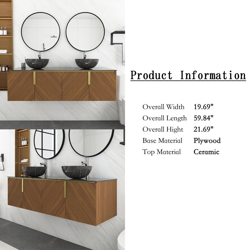 60 po Meuble-lavabo mural en contreplaqué espresso avec armoire