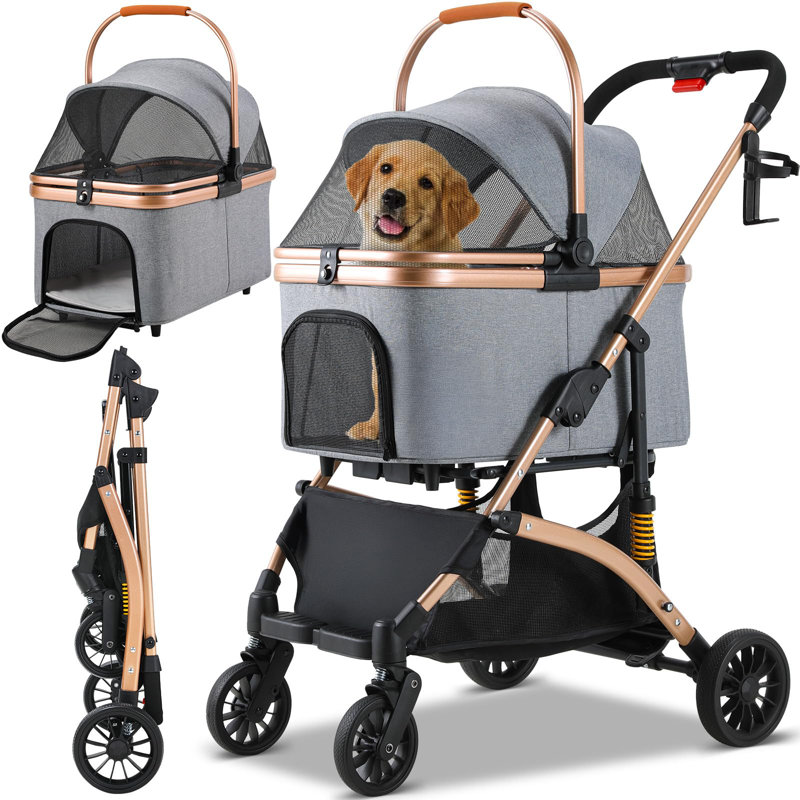 Foldable Pet Stroller, Grey/Gold