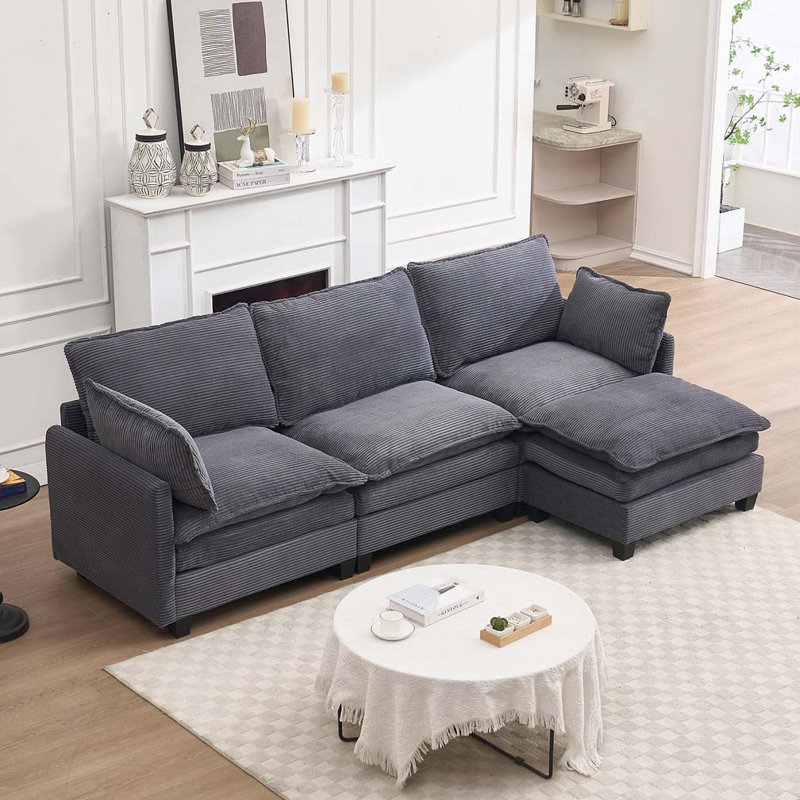Canapé modulaire en velours avec 1 repose-pieds et 2 coussins lombaires, Gris foncé