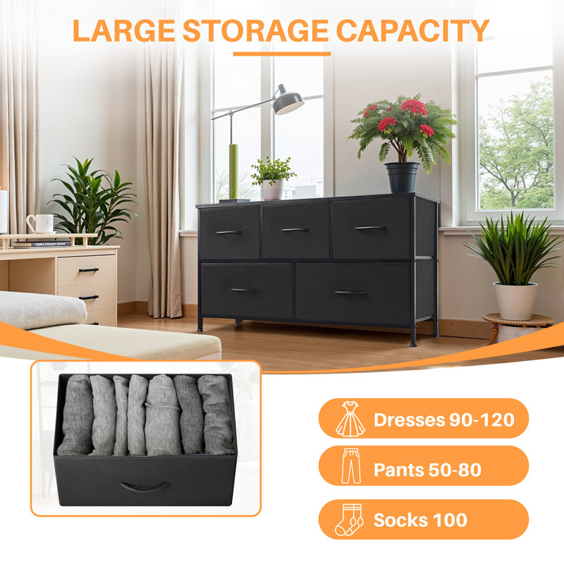 Atre Dresser For Bedroom With 5 Drawers, 39.4"W 5 Drawer Small Dresser Fabric Storage Drawer Unit, Black