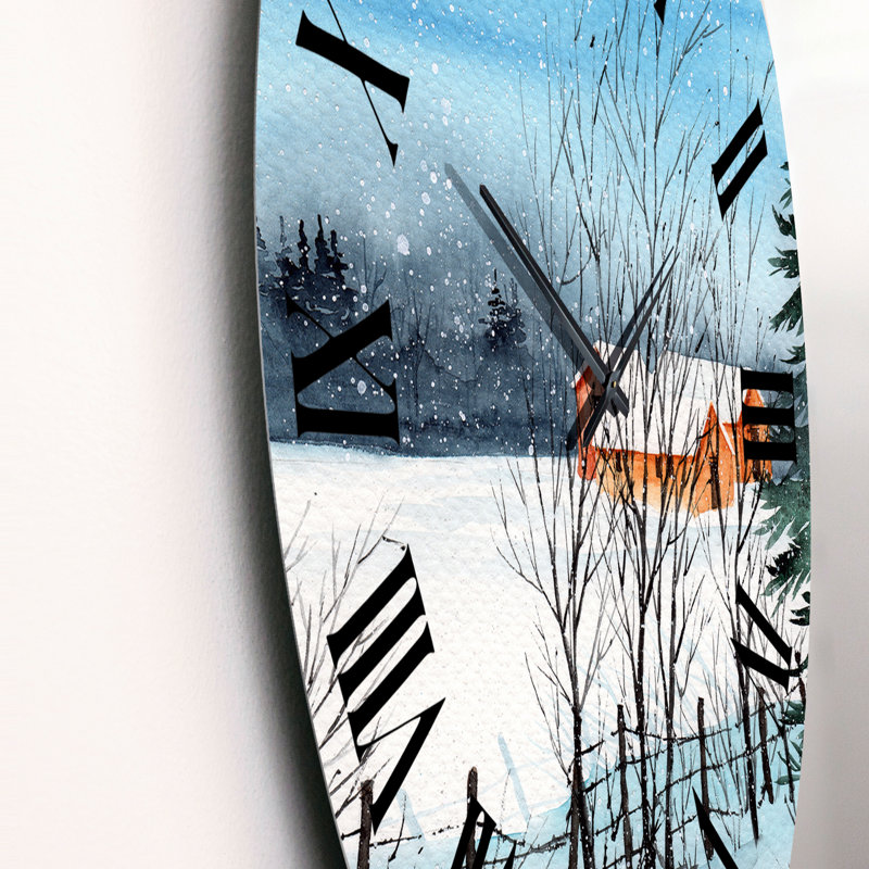 Un paysage d'hiver avec des maisons enneigées - Horloge murale, Moyen