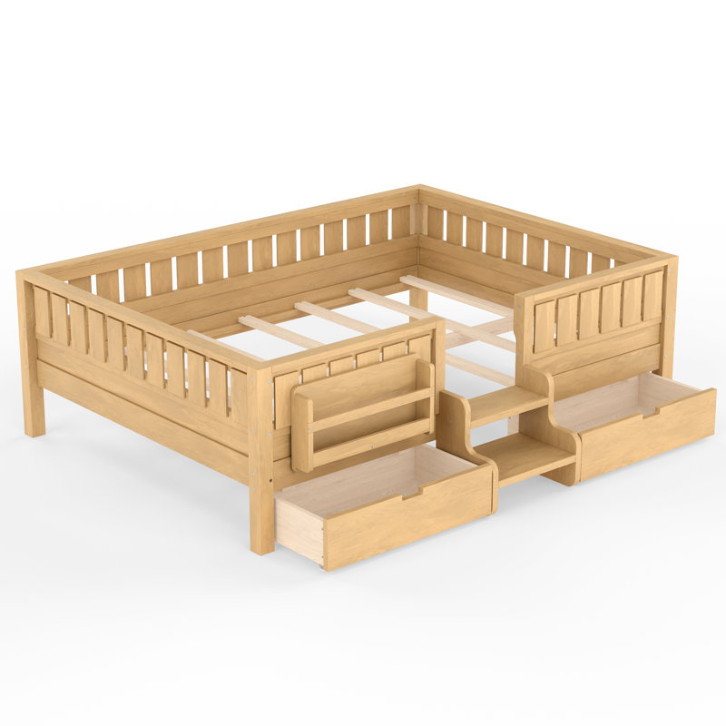 Grand lit pour enfants avec tablettes intégrées et tiroirs de rangement, escalier de sécurité et garde-corps, naturel clair