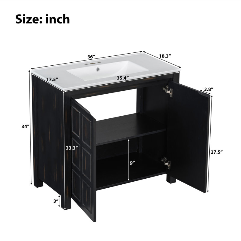Meuble-lavabo simple 36 po avec lavabo en céramique et armoire à fermeture douce avec tablette ajustable, Noir