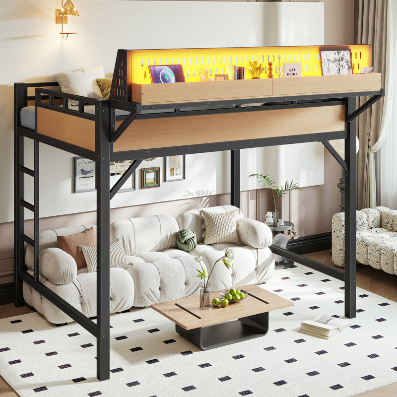 Lit mezzanine en métal avec tablettes de rangement et ports à DEL USB Elevate Collection, Full, Natural