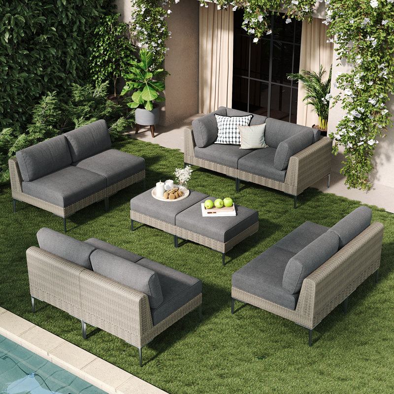  10-piece Wicker Rattan Patio Furniture Set, Deep Seating Outdoor Modular Sectional Sofa Conversation Set With Thick Cushions For Lawn, Garden