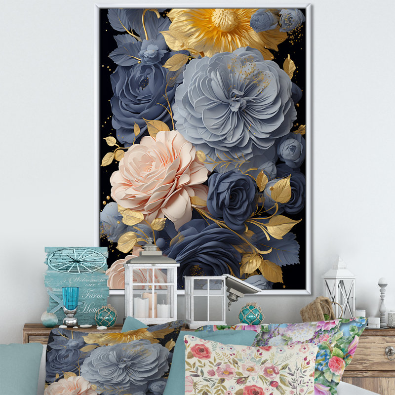 Or rose et bleu Elegance III - art mural rose, Cadre flottant blanc, H 40 po x l 30 po