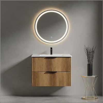 Meuble-lavabo mural avec panneau cannelé 3D et lavabo intégré en céramique