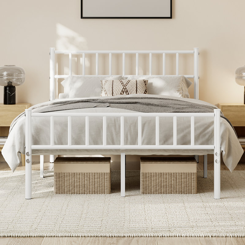 Minimalist Metal Bed Frame with Slatted Headboard, Double (4'6), White