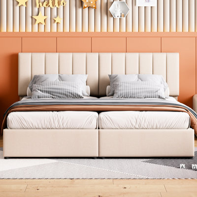 Beige Upholstered King Size Platform Bed With Superior Storage Hydraulic In Colour