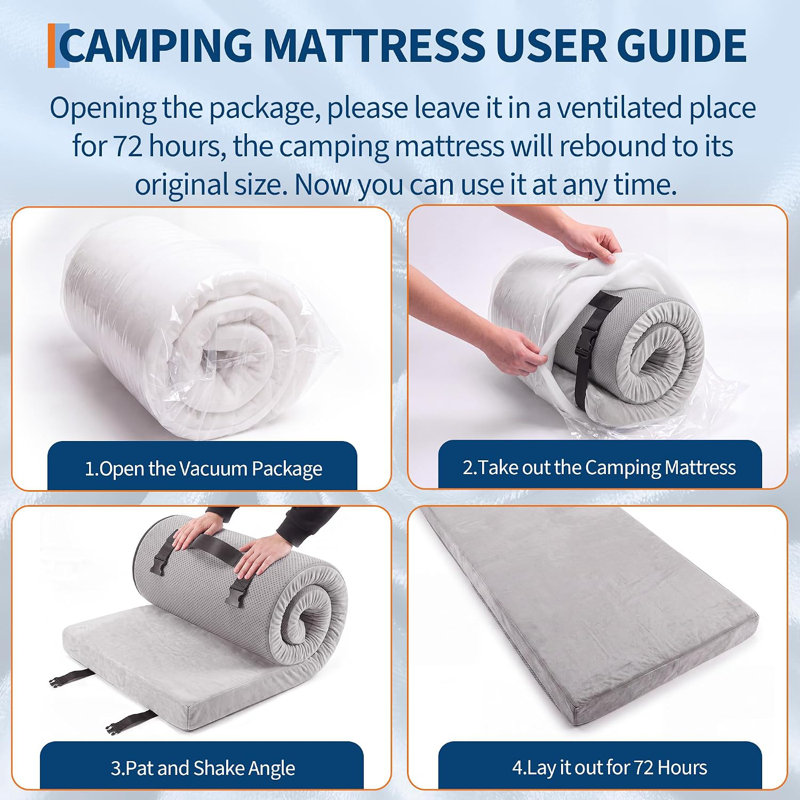 3" Memory Foam Camping Mattress Pad, Roll-Up Sleeping Pad for Tent/Car/RV - Portable Floor Guest Bed, Cot Cover - 72x24x3 in, Gray