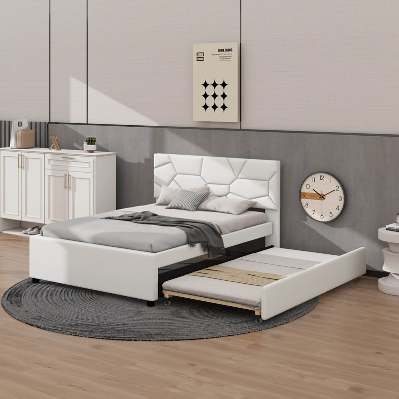 Lit plateforme tapissier en lin avec tête de lit à motif brique, gigogne, Beige