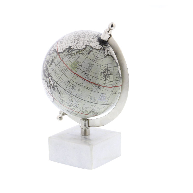 Globe terrestre éducatif en marbre blanc avec base en marbre, H 8,75 po x l 5 po x P 5,5 po, Gris / Blanc