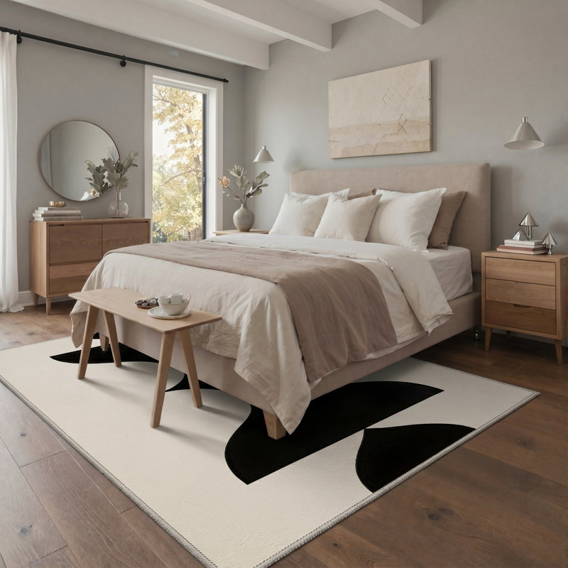 Vesselum Abstract Machine Washable Beige / Black Indoor Area Rug with Non-Slip Backing, Rectangle 6' x 9'