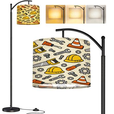 Arc Floor Lamp Construction Tools Safety Gear Helmets Cones Wrenches Saws Tall Modern Standing Lamp LED Adjustable Linen Lampshade 3 Color Temperatures