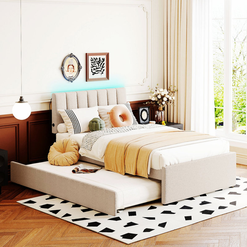 Upholstered Platform Bed With Trundle, Beige